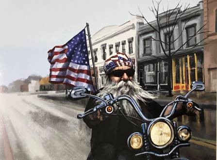 man on motorcycle, american flag, liberty, building